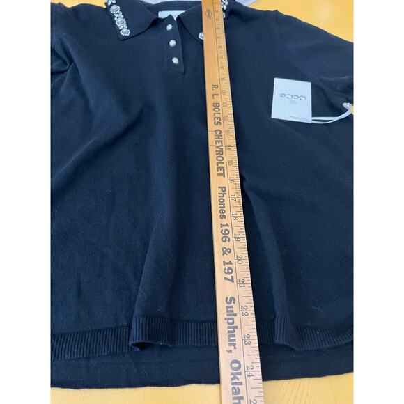 CeCe Embroidered Collar Short Sleeve Polo Sweater Rich Black Women's Size L NWT - Picture 8 of 9